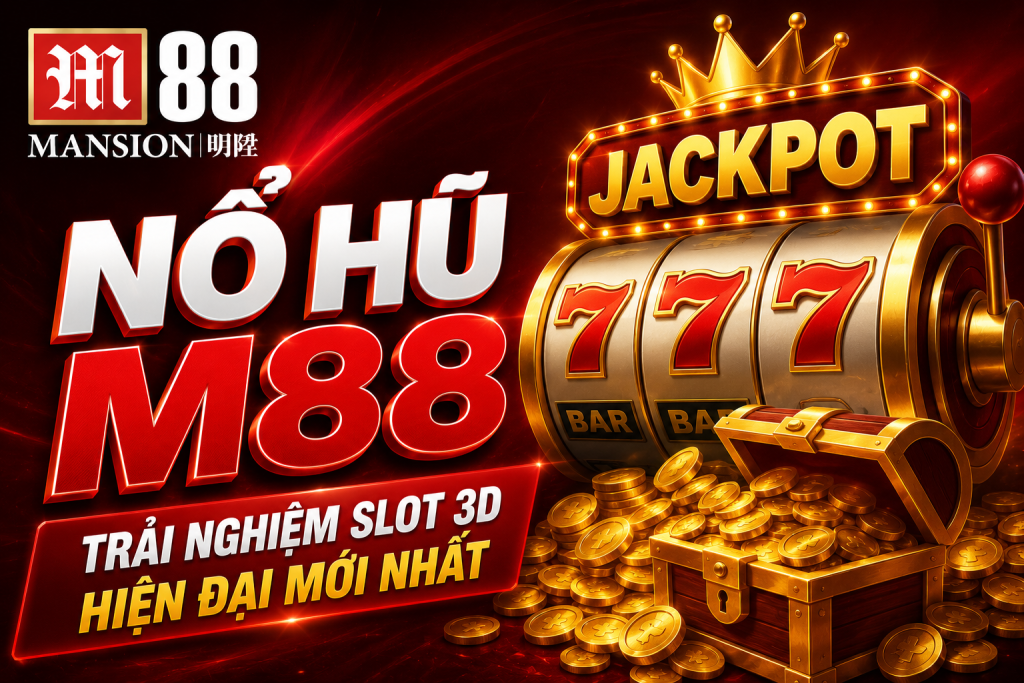 Sảnh Nổ Hũ M88 với nhiều máy slot 3D hiện đại và hiệu ứng ánh sáng nổi bật